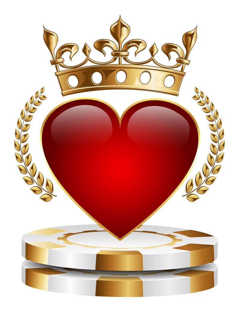 A red heart crowned in gold within a laurel wreath, resting on white and gold chips